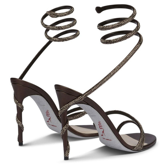 Rene Caovilla Margot Brown Crystal Snake Ankle Wrap Strap Sandal Heel Pump 38 - Picture 10 of 12